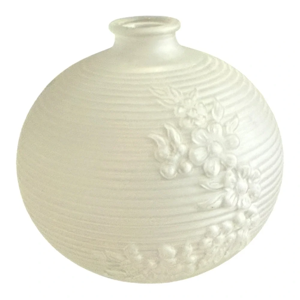 Avon Bud Vase Frosted White Satin Glass Floral Embossed Ribbed Round Globe 3.5